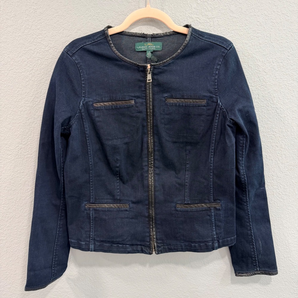 Ralph Lauren Womens 10 Indigo Denim Zip Front Jacket Faux Leather Trim